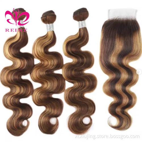 REINE Highlight Bundles With Closure Brazilian Body Wave Bundles With Closure Brown Remy Human Hair Bundles With Closure